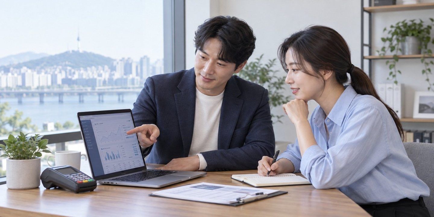 노트북 화면을 함께 확인하는 두 사람 — PG 서비스 시작하기, 필요한 내용부터 함께 살펴봅니다.